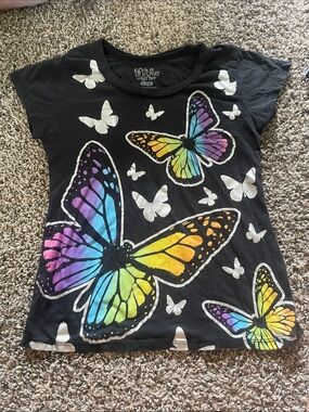 Fifth Sun Black Tee with Rainbow Butterfly Motif